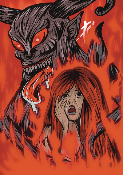 Woman and Devil in Fire artwork book cover cartoon cover album design devil digital drawing fantasy fire graphic design illustration monster procreate satan vector woman