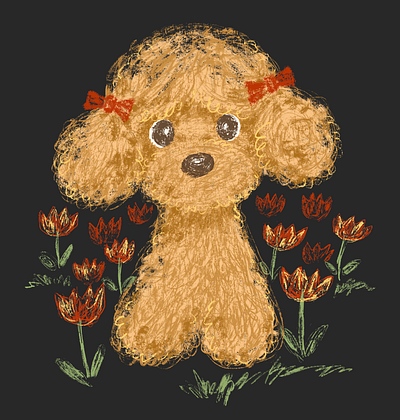 Toy poodle in a field of flowers animal character design dog illustration pet puppy toy poodle