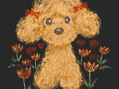 Toy poodle in a field of flowers animal character design dog illustration pet puppy toy poodle