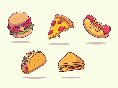 Fast Food Collection🍔🍕🥪 branding bread burger cartoon cheese doodle drink fast food flat flying food food hotdog ice cream icon illustration logo pizza snack taco