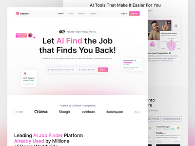 Seekify - Job Seeker Landing Page aipowered airecruitment candidate careertech employers hiring job job board job directory job portal job search job seeker landing page platform recruitment ui userexperience uxdesign web design webdesign