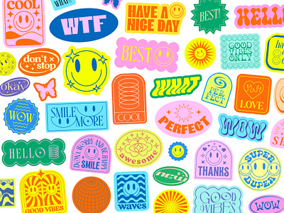 SHINE STICKERS PACK. Y2K GROOVY PATCHES. 2000s 90s abstract art badge comic cool element emoji emoticon funky funny groovy patch pop retro smile sticker vector y2k