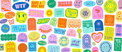 SHINE STICKERS PACK. Y2K GROOVY PATCHES. 2000s 90s abstract art badge comic cool element emoji emoticon funky funny groovy patch pop retro smile sticker vector y2k