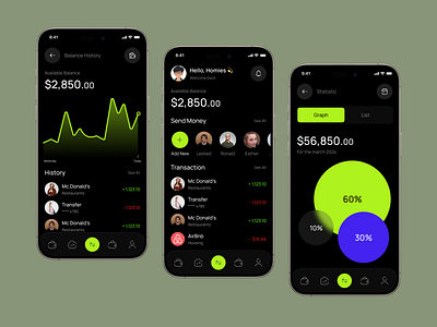 Finance App UI/UX Design app app design bank banking dark theme ebanking expenses management finance fintech homieslab ios app mobile app mobile bank money managemen money transfer online banking payment saas transactions transfer