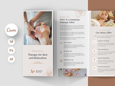 Spa Salon Brochure Tri-Fold Canva InDesign Template beauty business brochure brochure design brochure print design brochure service brochure template brochure trifold canva template corporate brochure download now graphic template hotel brochure template indesign template massage price table photohop template price table template pricing print template spa salon brochure spa salon offer