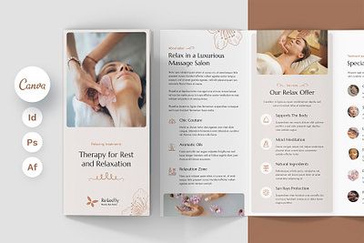 Spa Salon Brochure Tri-Fold Canva InDesign Template beauty business brochure brochure design brochure print design brochure service brochure template brochure trifold canva template corporate brochure download now graphic template hotel brochure template indesign template massage price table photohop template price table template pricing print template spa salon brochure spa salon offer