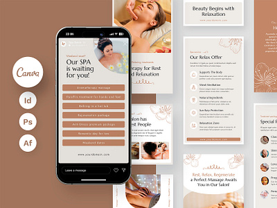 Spa Salon Instagram Canva Templates Social Media Marketing beauty business canva instagram canva template digital products download now envato elements etsy instagram instagram post template instagram stroy template instagram template marketing massage services social media social media marketing social media template spa salon ui design ui template