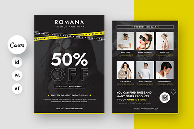 Fashion Black Friday Flyer Canva Template Marketing Design 50 off beauty business black friday black sale black week catalog template clothes sale cosmetics sale coupon code discount electronic sale flyer design flyer marketing template flyer offer flyer template marketing template product sale qr code sale coupon shop online sale