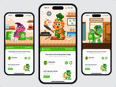 Food Delivery App - Order Processing appdesign cooking delivery dinosaurs food food delivery gofood gojek grabfood green illustration ui uidesign userinterface