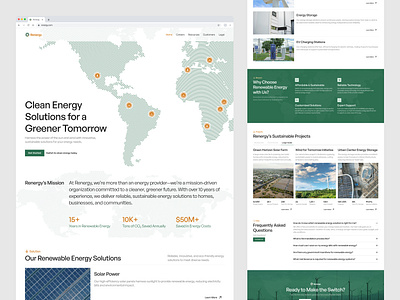 Renergy - Landing Page about clean corporate energy faq green hero landing landing page orange products projects renergy renewable services solar panel sustainable turbine ui white