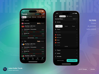 Outlier iOS: Trends app app design betting clean dark design filter interface ios mobile mobile app neon outlier phone product design sports trends ui user interface ux
