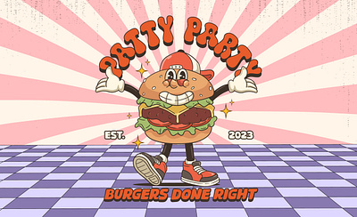 Patty Party Burger Retro Cartoon Logo artwork branding cartoon cartoon logo character design custom logo graphic design illustration logo logo design mascot logo retro cartoon retro design retro illustration retro logo vector vector logo vintage cartoon vintage illustration vintage logo