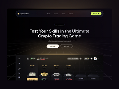 Crypto Trading Game - Landing Page Design bento bentogrid blur clients dark features footer glassmorphism landing page testimonials