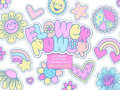 Flower power. Stickers and patterns cute design fabric flower flower power graphic groovy illustration pattern power retro sticker vector