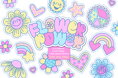 Flower power. Stickers and patterns cute design fabric flower flower power graphic groovy illustration pattern power retro sticker vector