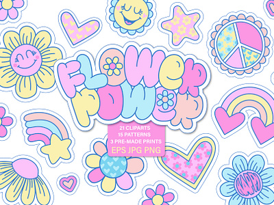 Flower power. Stickers and patterns cute design fabric flower flower power graphic groovy illustration pattern power retro sticker vector