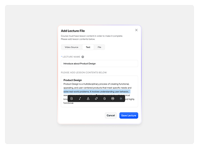 Add New Lecture Popup add new clean compunent create lecture input lms minimal modal popup product design saas text editor ui ux