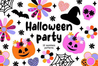 Halloween party. Seamless patterns design fabric graphic halloween halloween party halloween pattern hippie kids pumpkin style vector