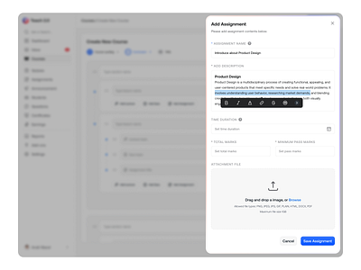 Create Assignment in LMS add assignment assignment creation assignment details clean course builder course content curriculum management file upload grading criteria minimal student assessment ui ux