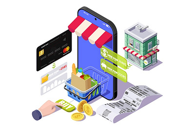 An isometric illustration of a online shopping app on a cell pho cellphone graphic design