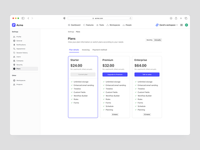 Settings - Plans billing payment plans pricing settings subscription upgrade