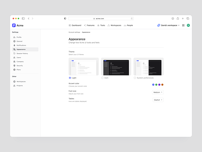 Settings - Appearance accent color appearance dark dark mode light light mode settings theme