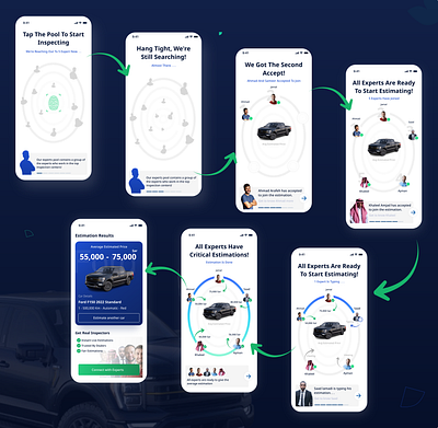 Motory app feature app ui blue ui car ui dark blue ui dark navy ui estimate car price ui experts pool mobile ui mobile ui ux pricing app pricing car app steps ui steps ux app users pool ui