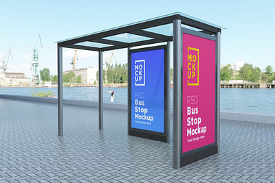 Bus Stop with Two Sign Product Mockup advertisement billboard blank board bus city commercial mockup poster stop street white