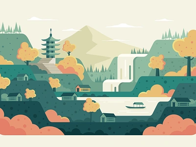 Ukiyo-e Flat Design Village Scenery activity design flat design graphic design green illustration landscape scenery vector village wallpaper