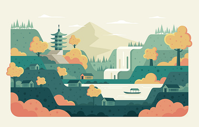 Ukiyo-e Flat Design Village Scenery activity design flat design graphic design green illustration landscape scenery vector village wallpaper