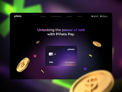 Piñata Pay Landing Page app black coins credit card dark debit design dollars fintech landingpage mobile money pay points purple rewards ui ux visual design website