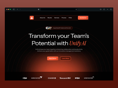 Landing Page Design ai ai chat artificial intelligence assistant chat chat bot dark mode design landing page machine learning open ai portfolio potential product design team ui unity ux web design