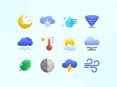 WeatherWave — Gradient Minimalism Weather Icons breeze climate icons clouds crescent moon dew forecast app forecast icons humid iconography minimalist icons moon smooth gradient sun thunder uiux design weather app weather icons weather illustration weather widget windy