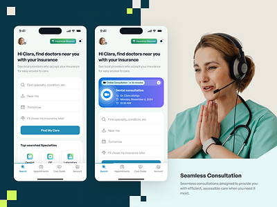 Connecting You to Care: A Streamlined Healthcare Experience find doctor health service healthcare app insurance medical app minimal design telemedicine ui ux virtual care