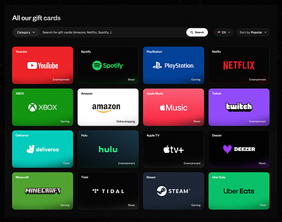 🎁 GameWall - "All our gift cards" Section branding card cards dark design gift landing page product designer ui ux visual identity web design website