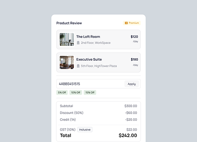 Review Cart - Space Booking Checkout UI admin b2b b2c checkout component dashboard design modal review cart saas shopping cart ui ux web