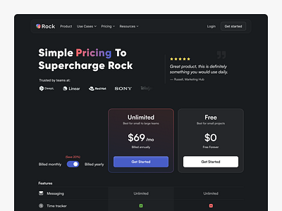 Rock pricing page redesign crm design framer landing landingpage madeinwebflow messaging platform pricing saas saas redesign saas website task management team teamwork web web design webflow website website redesign