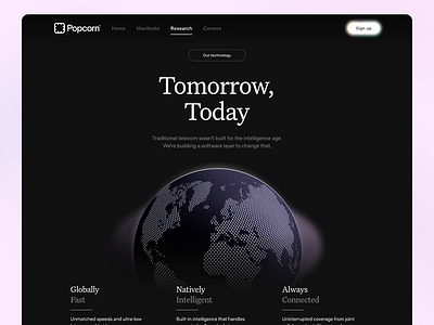 Popcorn Research Page Scroll app desktop globe minimal research serif ui ux webdesign