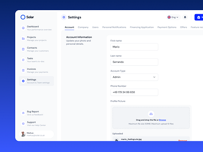 Solar Saas Settings app dashboard desktop saas settings ui user ux