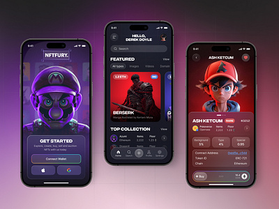 NFT FURY - Crypto Mobile Marketplace App | WEB 3 3d ai blockchain collection colorful crypto decentra decentralization design investment linear marketplace midjourney mobile app morphism nft token ui ux web