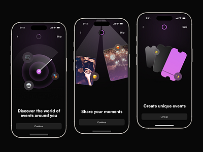 Moontrail – App for Finding and Creating Events. Onboarding Flow app clean design event discovery events eveny finder inspiration interaction design mobile app onboarding onboarding flow product design social app ui ux