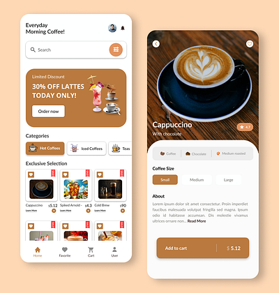 Modern Coffee Shop App UI ☕️ - Fresh and Intuitive Design. appdesign appinterface coffeeapp coffeelovers coffeeshopui dailyui discountbanner dribbbleshots ecommerceapp exclusiveselection figmadesign minimalistui mobileappdesign mobileui moderndesign productdesign uidesign userinterface uxdesign warmcolors