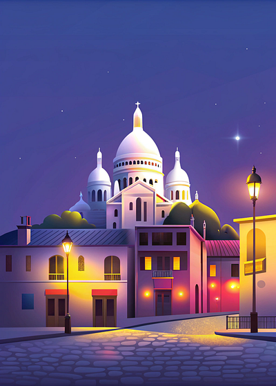 Evening Glow Over Montmartre architecture art print cityscape colorful buildings digital art dusk france historical landmarks illustration landscape montmartre night scene paris romantic sacré cœur serenity street lamps travel urban art visual storytelling