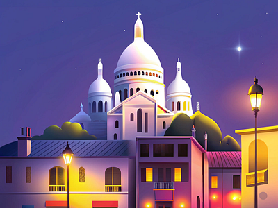 Evening Glow Over Montmartre architecture art print cityscape colorful buildings digital art dusk france historical landmarks illustration landscape montmartre night scene paris romantic sacré cœur serenity street lamps travel urban art visual storytelling