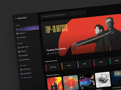 Web Music Player Concept autolayout branding clean design dark theme dashboard design feed minimal design modern design music music app music platform music player music streaming ui ux uxui design web web design