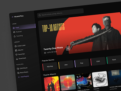 Web Music Player Concept autolayout branding clean design dark theme dashboard feed music music app music platform music player ui ux uxui design web design