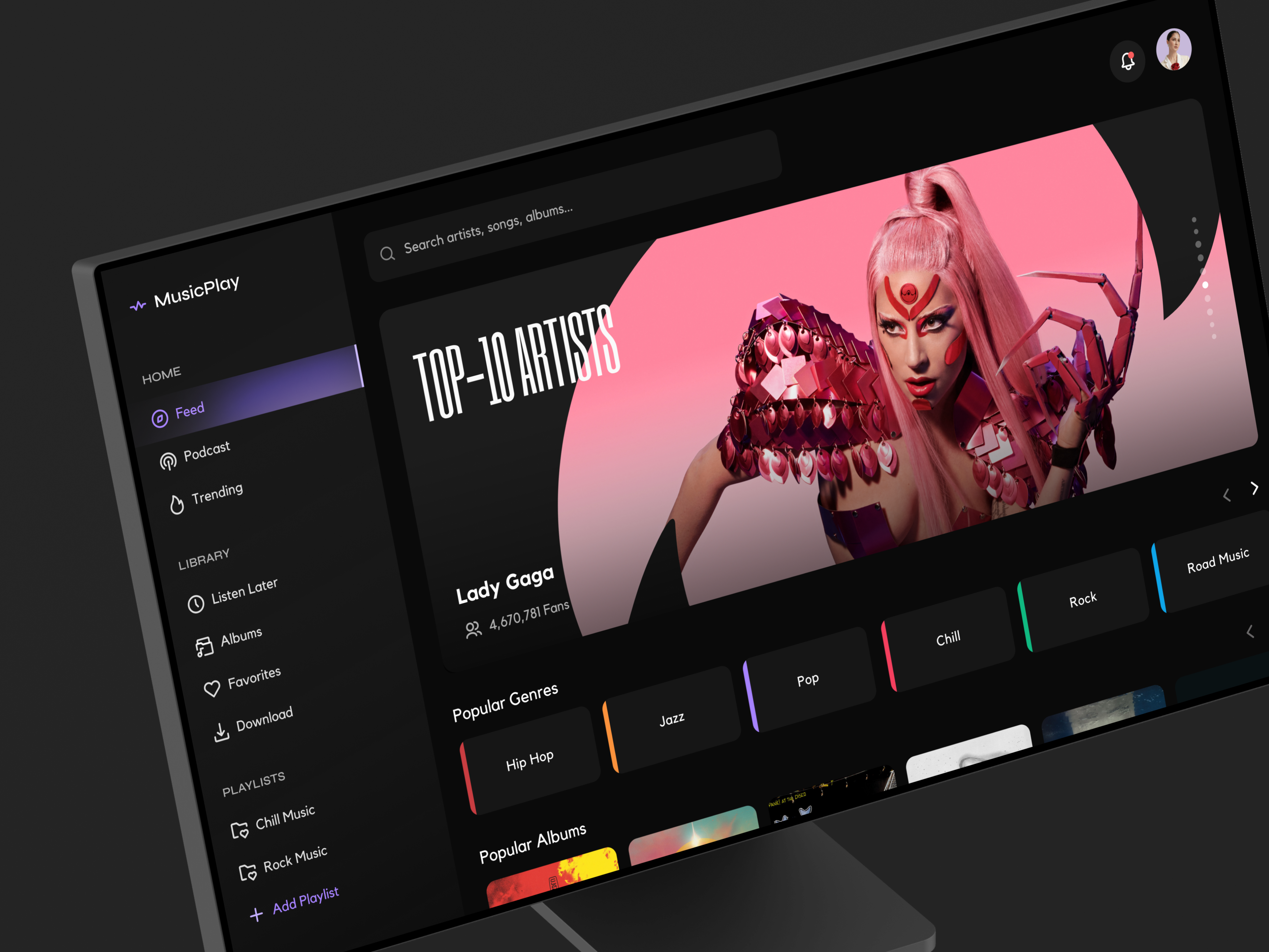MusicPlay - Web Music Player Concept autolayout branding clean design dark theme dashboard design feed minimal design modern design music music app music platform music player music streaming ui ux uxui design web web design