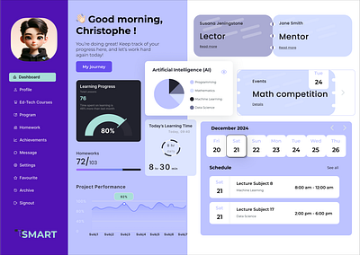 Dashboard Ed-Tech Learning analysis calendar color theory dashboard design ed tech graphs it learning organization progressbar schedule school sidebar space timer typography ui ux web