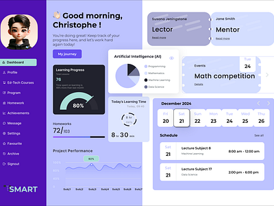 Dashboard Ed-Tech Learning analysis calendar color theory dashboard design ed tech graphs it learning organization progressbar schedule school sidebar space timer typography ui ux web