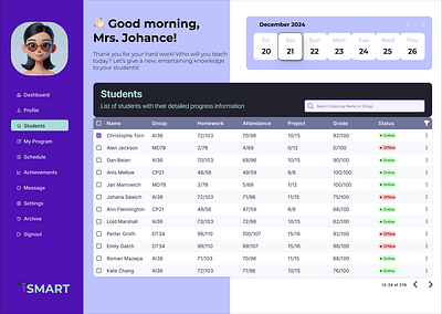 Teacher's Table for profile / CRM calendar categories crm design ed tech filter it level list profile ratings school sidebar status students table teacher ui ux web